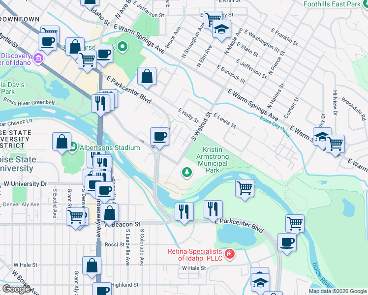map of restaurants, bars, coffee shops, grocery stores, and more near 500 South Walnut Street in Boise