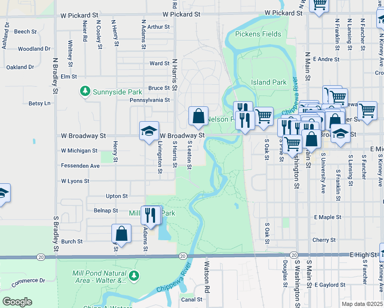 map of restaurants, bars, coffee shops, grocery stores, and more near 201 South Leaton Street in Mount Pleasant