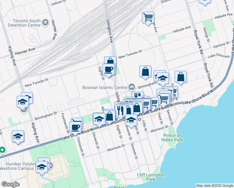 map of restaurants, bars, coffee shops, grocery stores, and more near 106 Birmingham Street in Toronto