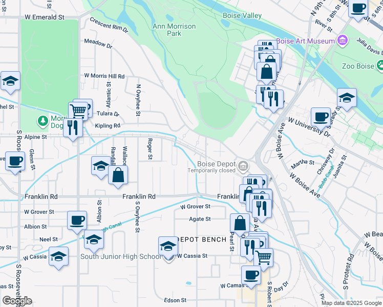 map of restaurants, bars, coffee shops, grocery stores, and more near 115 Dot Street in Boise