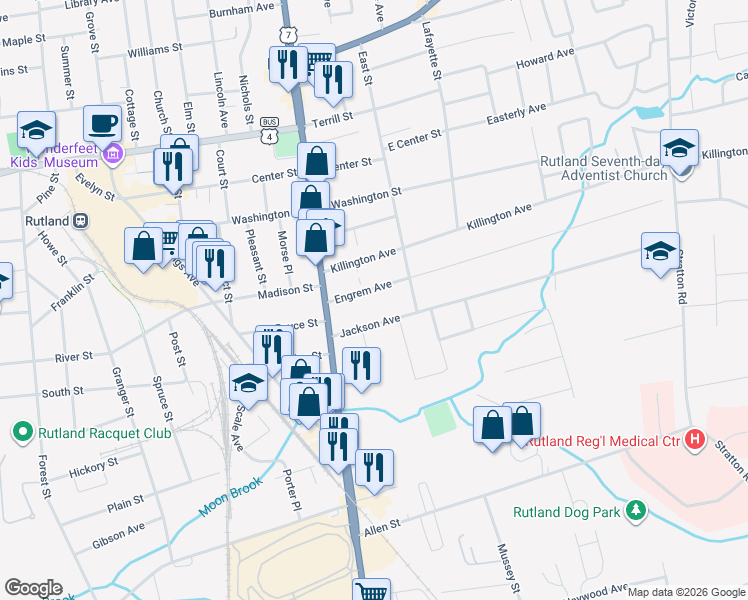map of restaurants, bars, coffee shops, grocery stores, and more near 20 Engrem Avenue in Rutland