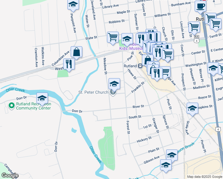 map of restaurants, bars, coffee shops, grocery stores, and more near 53 Chaffee Avenue in Rutland
