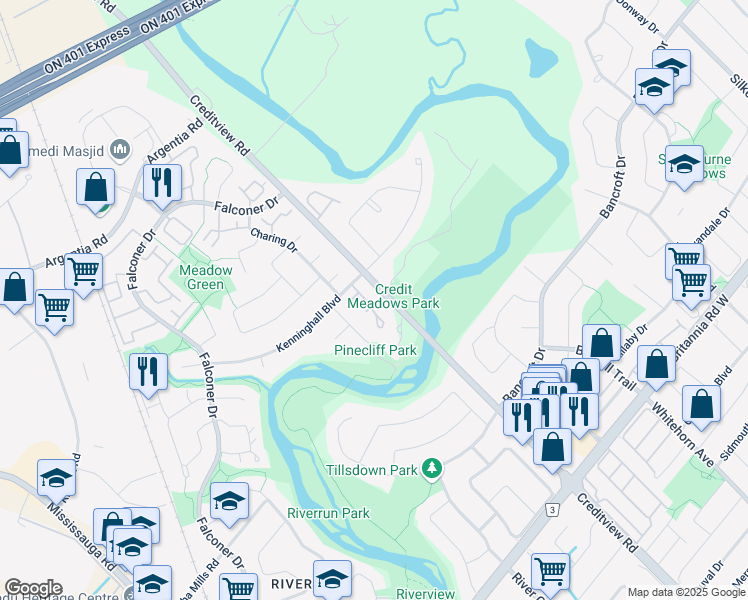 map of restaurants, bars, coffee shops, grocery stores, and more near 59 Kenninghall Boulevard in Mississauga