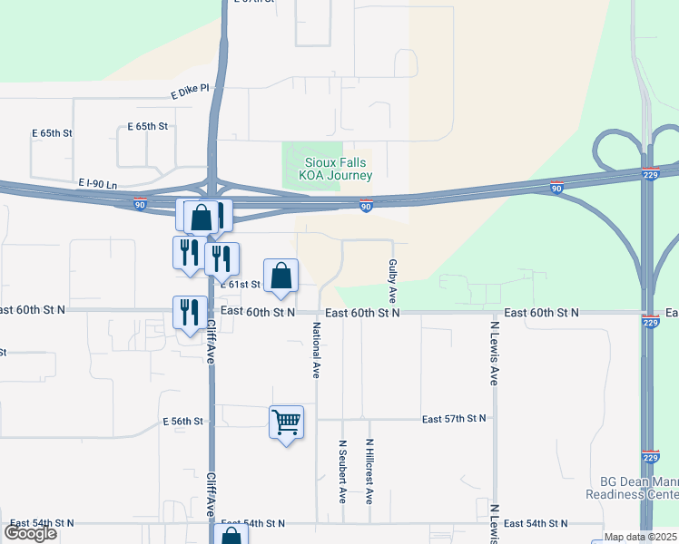map of restaurants, bars, coffee shops, grocery stores, and more near 1511 East 63rd Street North in Sioux Falls