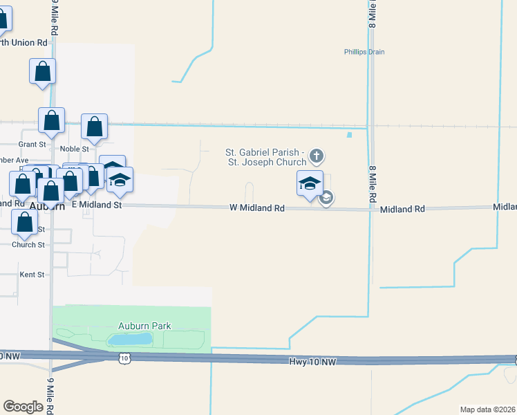 map of restaurants, bars, coffee shops, grocery stores, and more near 268 West Midland Road in Auburn