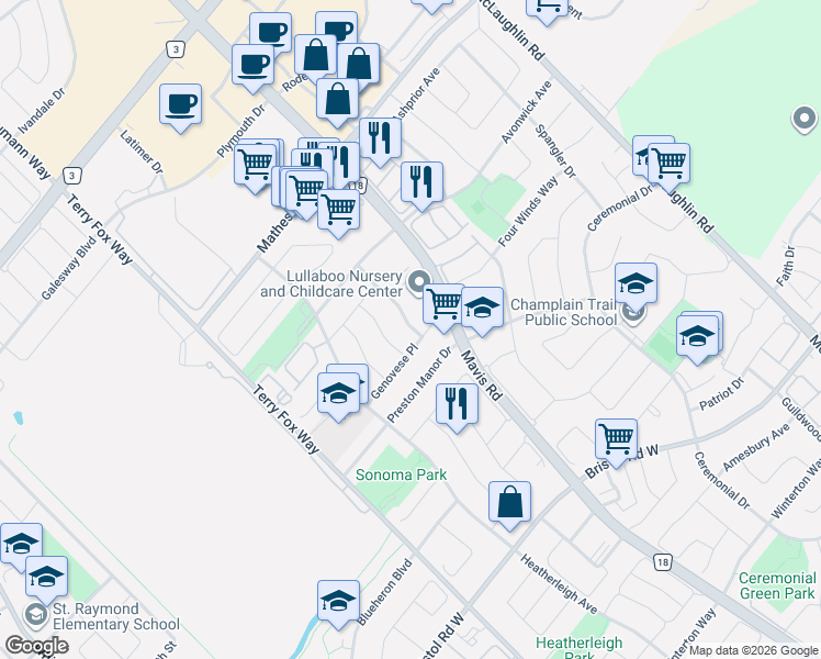 map of restaurants, bars, coffee shops, grocery stores, and more near 5648 Volpe Avenue in Mississauga