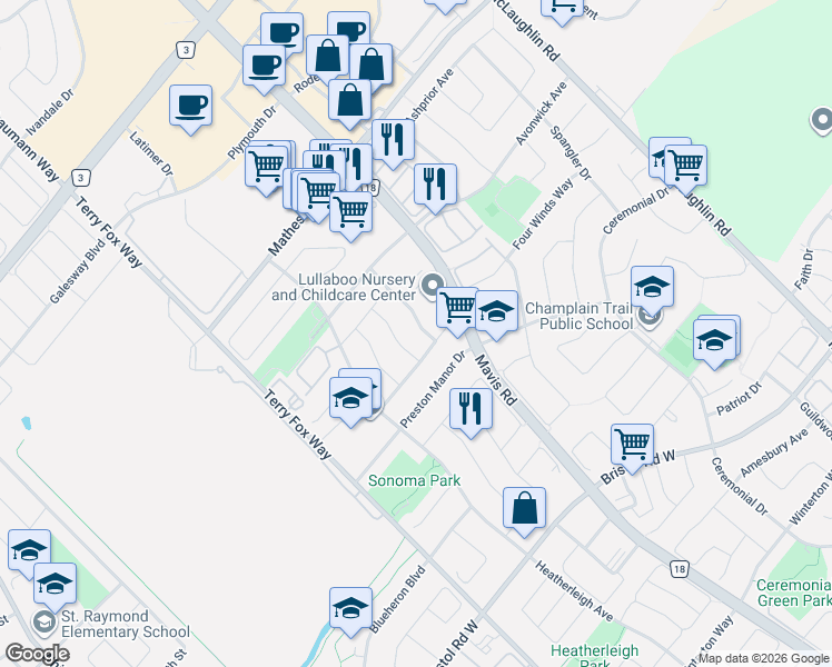map of restaurants, bars, coffee shops, grocery stores, and more near 5648 Volpe Avenue in Mississauga