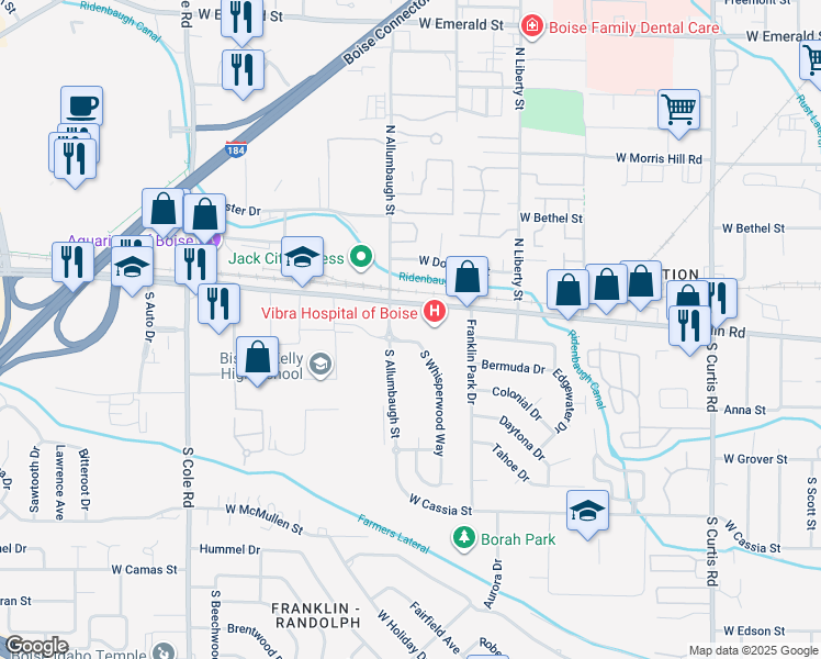 map of restaurants, bars, coffee shops, grocery stores, and more near 6651 Franklin Road in Boise