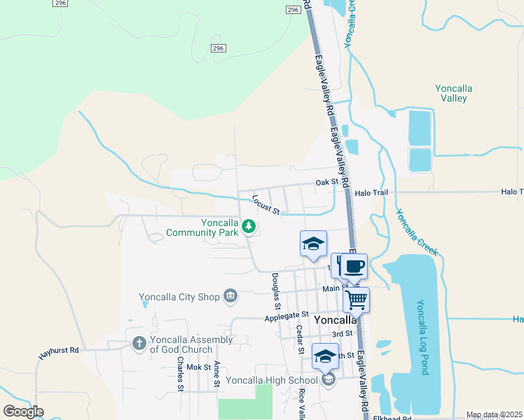 map of restaurants, bars, coffee shops, grocery stores, and more near 504 East Locust Court in Yoncalla