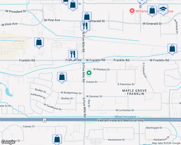 map of restaurants, bars, coffee shops, grocery stores, and more near 10509 West Stardust Drive in Boise