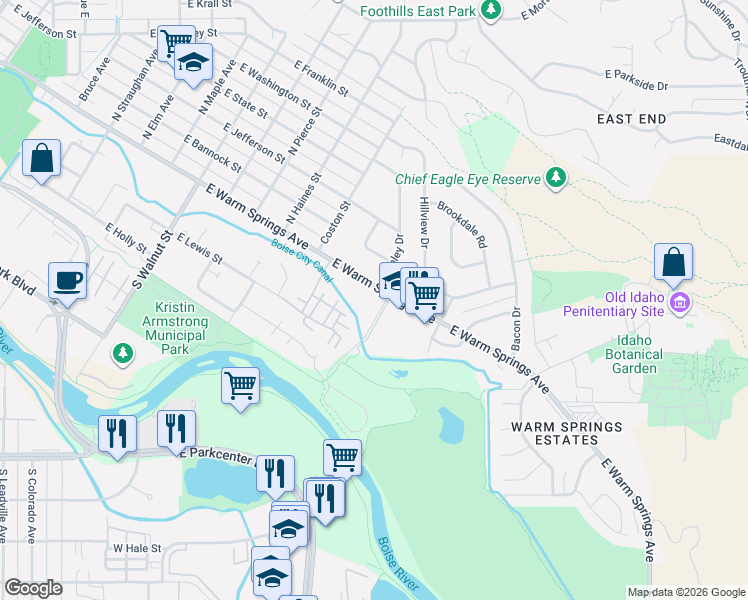 map of restaurants, bars, coffee shops, grocery stores, and more near 1707 East Warm Springs Avenue in Boise