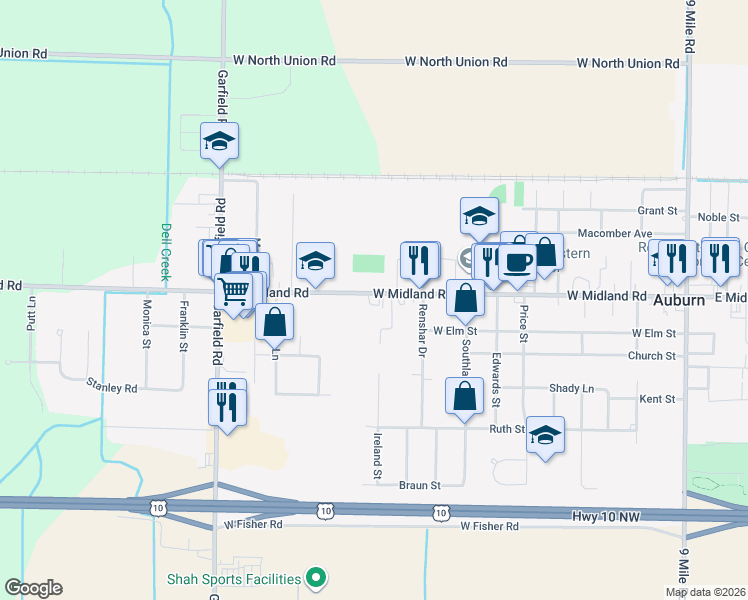 map of restaurants, bars, coffee shops, grocery stores, and more near 815 West Midland Road in Auburn