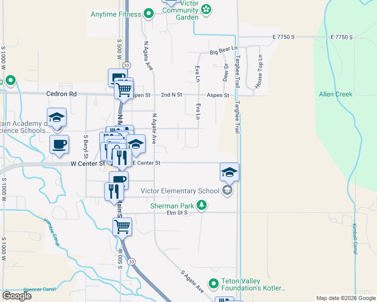 map of restaurants, bars, coffee shops, grocery stores, and more near 61 Eva Lane in Victor