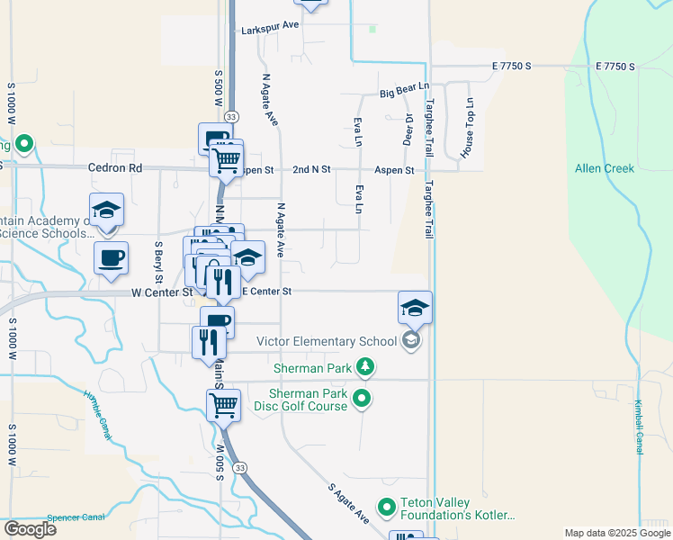 map of restaurants, bars, coffee shops, grocery stores, and more near 173 East Center Street in Victor