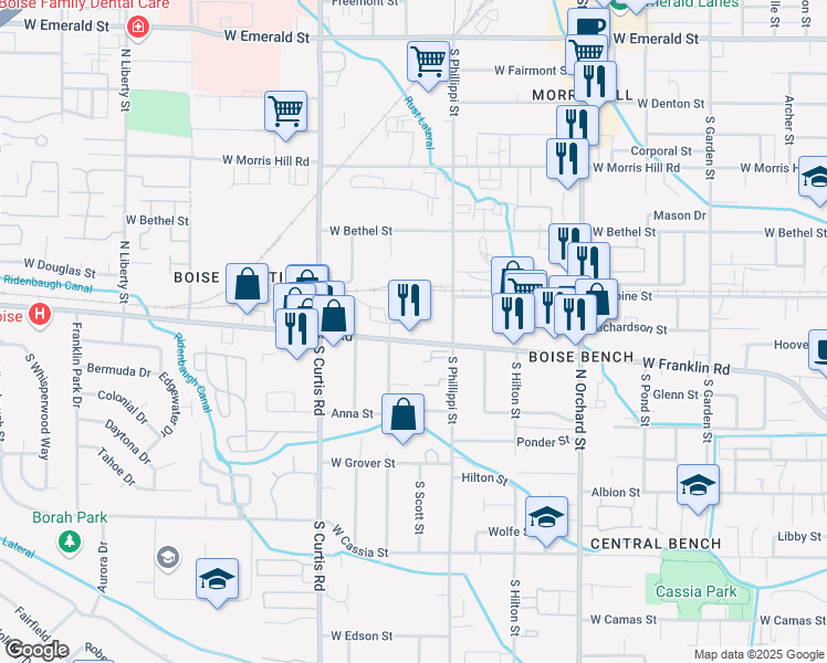 map of restaurants, bars, coffee shops, grocery stores, and more near 5500 Franklin Road in Boise