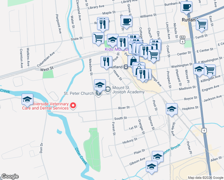 map of restaurants, bars, coffee shops, grocery stores, and more near 60 Forest Street in Rutland