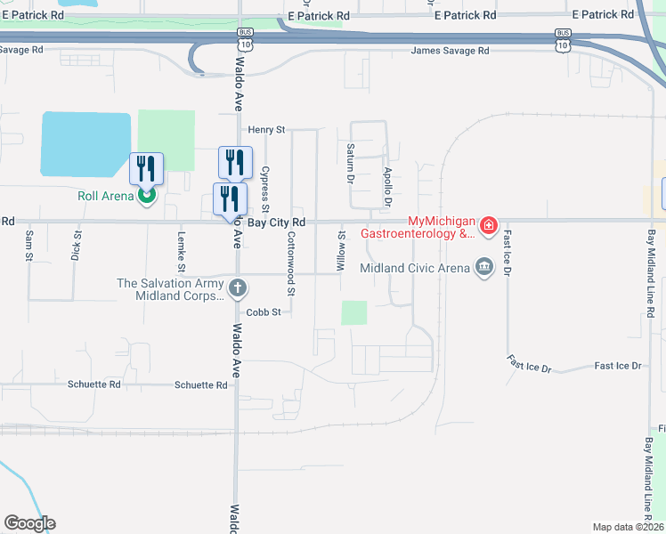 map of restaurants, bars, coffee shops, grocery stores, and more near 3613 Beech Street in Midland