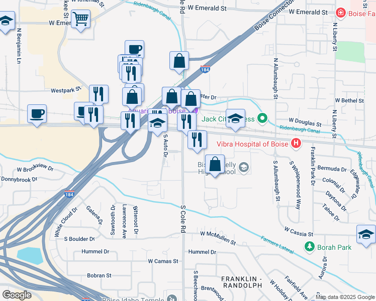 map of restaurants, bars, coffee shops, grocery stores, and more near 134 South Cole Road in Boise