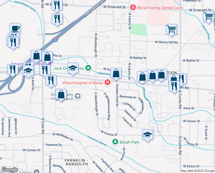map of restaurants, bars, coffee shops, grocery stores, and more near 6651 Franklin Road in Boise