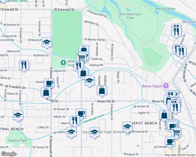 map of restaurants, bars, coffee shops, grocery stores, and more near 25 Randall Street in Boise