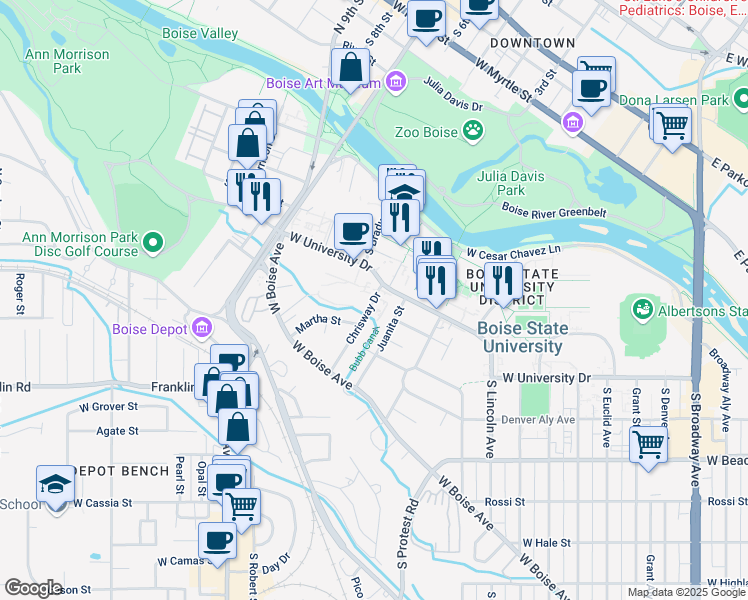 map of restaurants, bars, coffee shops, grocery stores, and more near 1301 Chrisway Drive in Boise