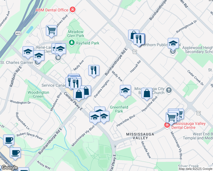map of restaurants, bars, coffee shops, grocery stores, and more near 498 Daralea Heights in Mississauga