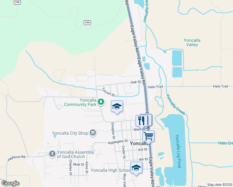map of restaurants, bars, coffee shops, grocery stores, and more near 425 Spruce Street in Yoncalla