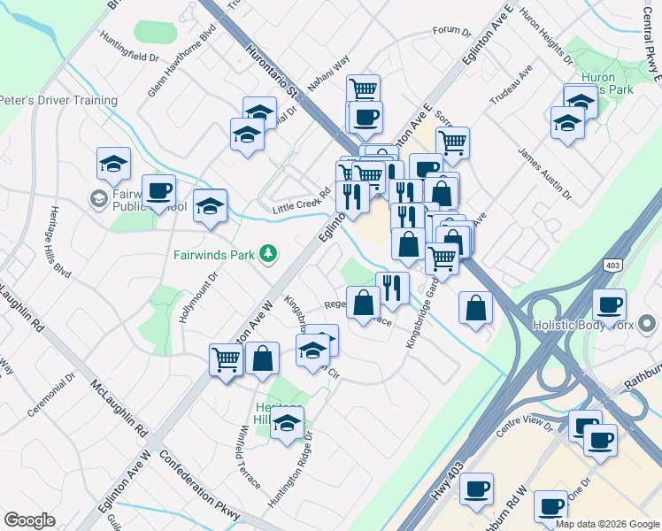 map of restaurants, bars, coffee shops, grocery stores, and more near 4635 Regents Terrace in Mississauga