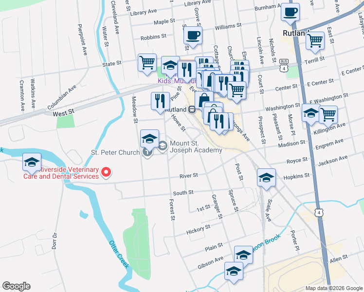 map of restaurants, bars, coffee shops, grocery stores, and more near 95 Franklin Street in Rutland
