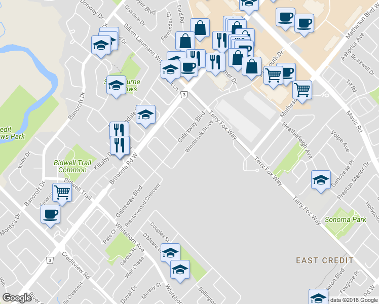 map of restaurants, bars, coffee shops, grocery stores, and more near 215 Windbrook Grove in Mississauga