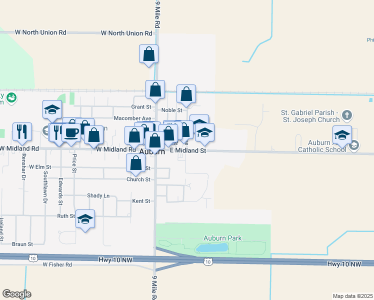 map of restaurants, bars, coffee shops, grocery stores, and more near 301 East Midland Street in Auburn