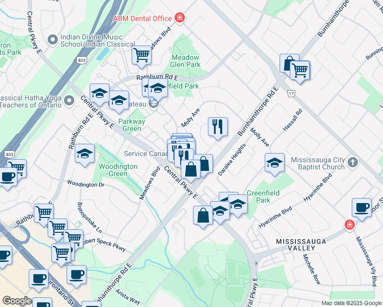 map of restaurants, bars, coffee shops, grocery stores, and more near 4034 Midhurst Lane in Mississauga