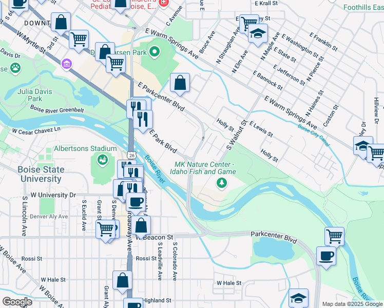 map of restaurants, bars, coffee shops, grocery stores, and more near 989 East Front Street in Boise