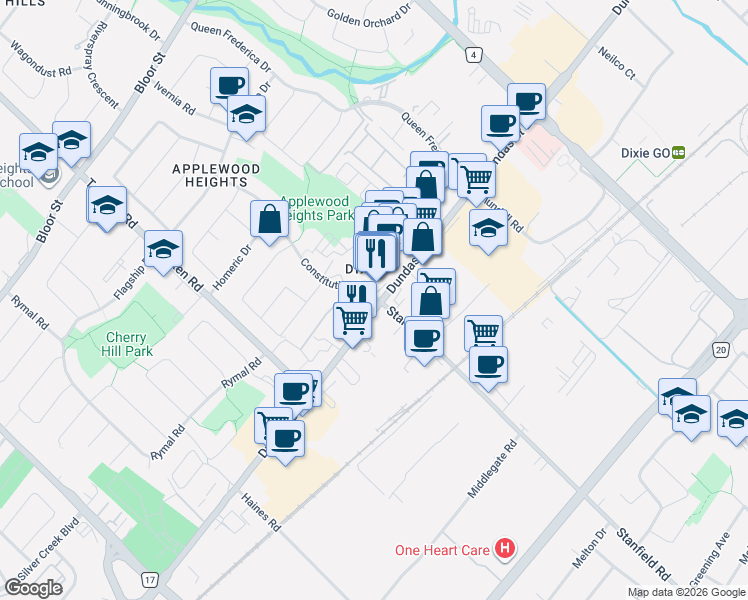 map of restaurants, bars, coffee shops, grocery stores, and more near 3040 Constitution Boulevard in Mississauga