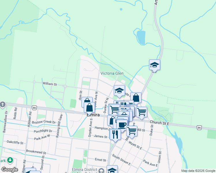 map of restaurants, bars, coffee shops, grocery stores, and more near 25 Riverside Drive West in Elmira