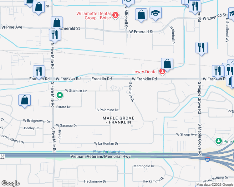 map of restaurants, bars, coffee shops, grocery stores, and more near 9901 West Stardust Drive in Boise
