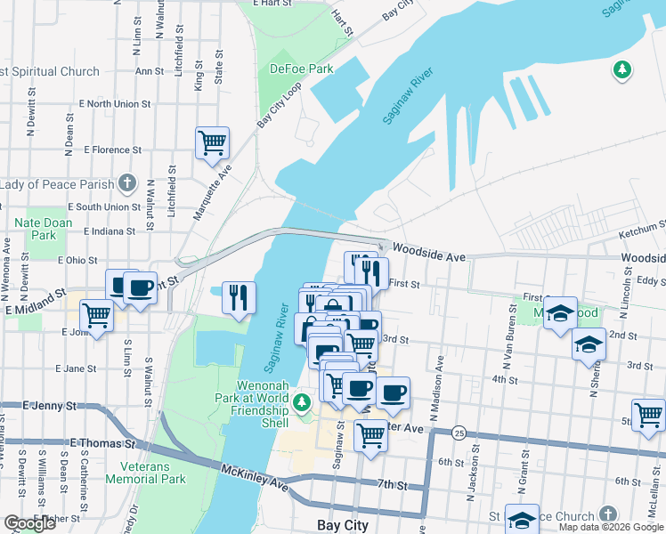 map of restaurants, bars, coffee shops, grocery stores, and more near 101 First Street in Bay City