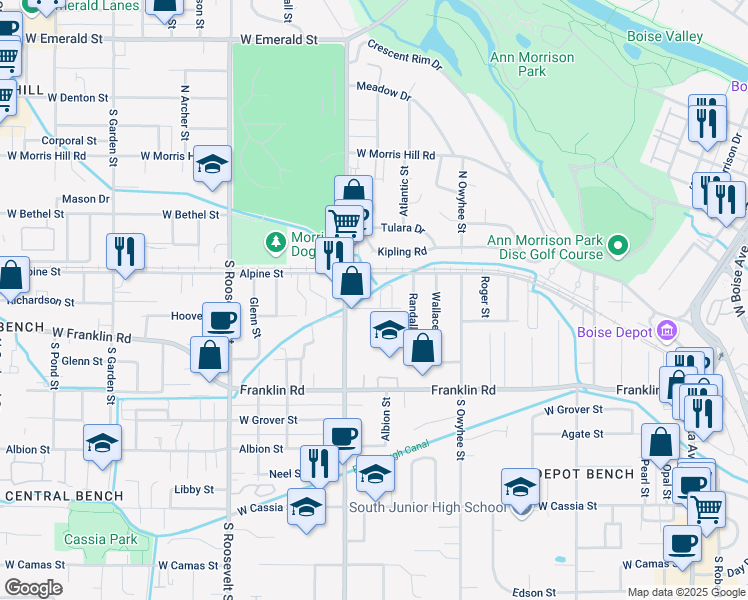 map of restaurants, bars, coffee shops, grocery stores, and more near 39 Leona Circle in Boise
