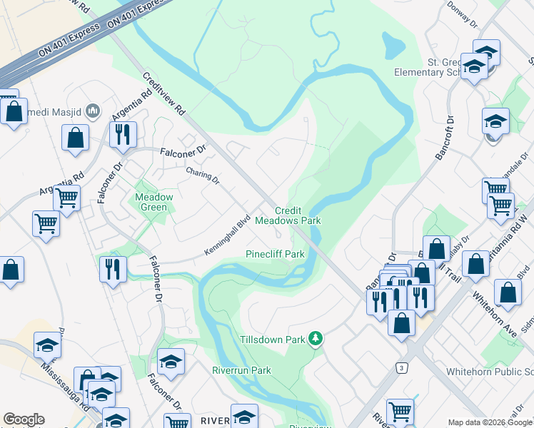 map of restaurants, bars, coffee shops, grocery stores, and more near 59 Kenninghall Boulevard in Mississauga