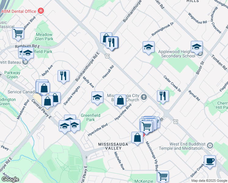 map of restaurants, bars, coffee shops, grocery stores, and more near 3546 Kilmanagh Road in Mississauga