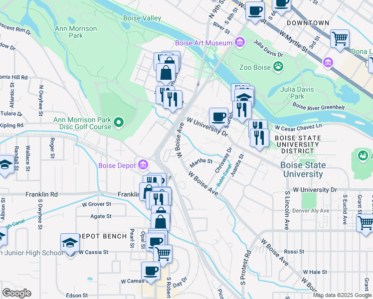 map of restaurants, bars, coffee shops, grocery stores, and more near 2580 West Boise Avenue in Boise