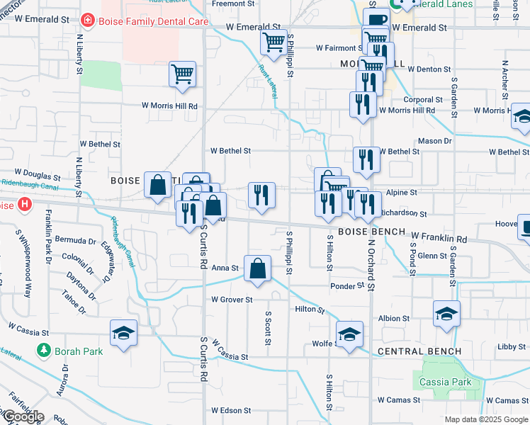 map of restaurants, bars, coffee shops, grocery stores, and more near 5500 Franklin Road in Boise