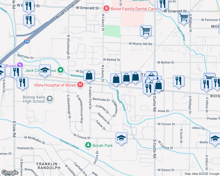 map of restaurants, bars, coffee shops, grocery stores, and more near 6311 West Franklin Street in Boise