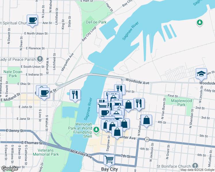map of restaurants, bars, coffee shops, grocery stores, and more near 101 First Street in Bay City