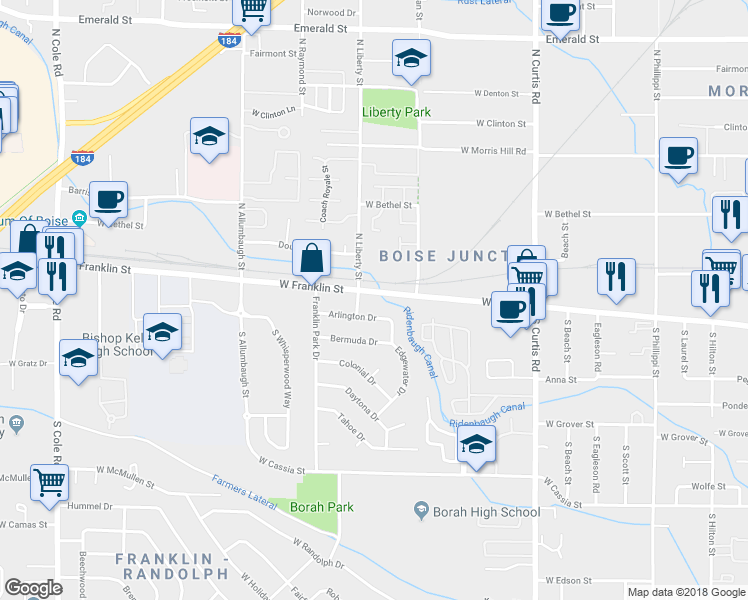 map of restaurants, bars, coffee shops, grocery stores, and more near 6311 West Franklin Street in Boise