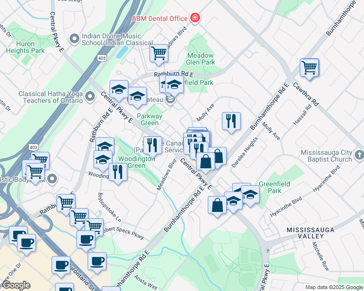 map of restaurants, bars, coffee shops, grocery stores, and more near 333 Meadows Boulevard in Mississauga