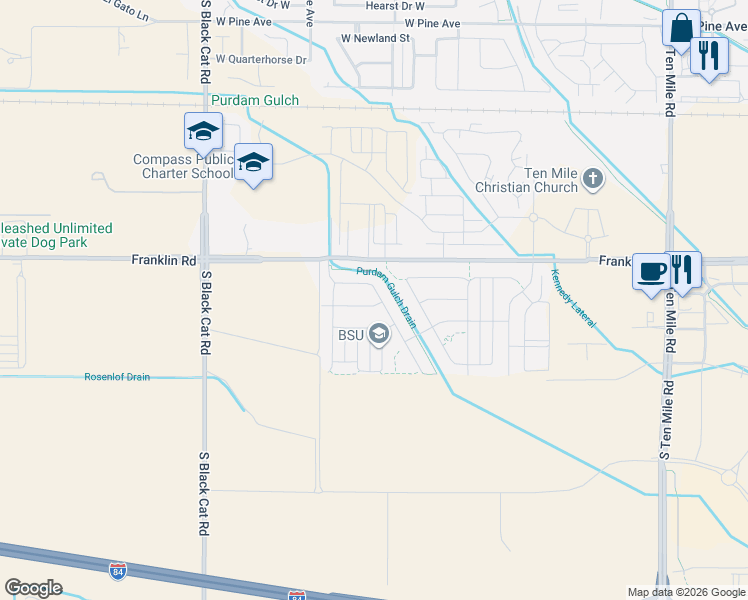 map of restaurants, bars, coffee shops, grocery stores, and more near 4198 West Balance Rock Drive in Meridian