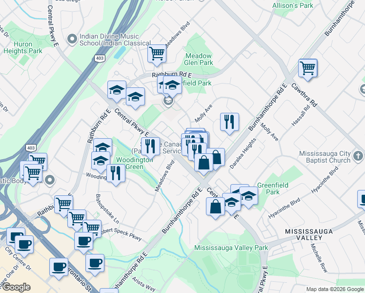 map of restaurants, bars, coffee shops, grocery stores, and more near 333 Meadows Boulevard in Mississauga