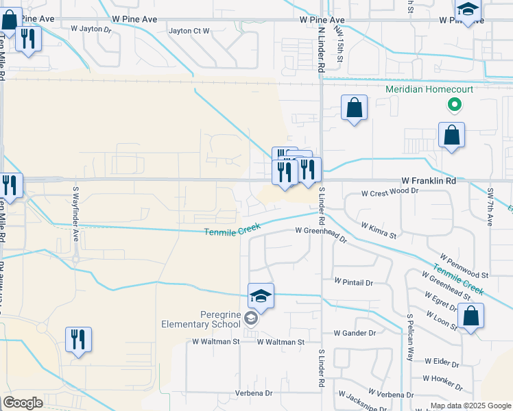 map of restaurants, bars, coffee shops, grocery stores, and more near 1969 West Franklin Road in Meridian