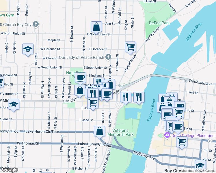 map of restaurants, bars, coffee shops, grocery stores, and more near 211 North Walnut Street in Bay City